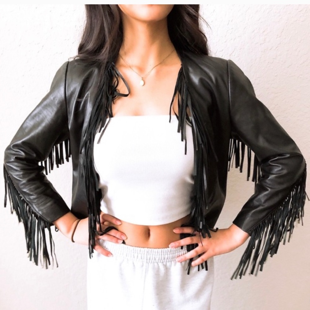 Rebecca Minkoff Ace Fringe Black Leather Jacket xs excellent condition